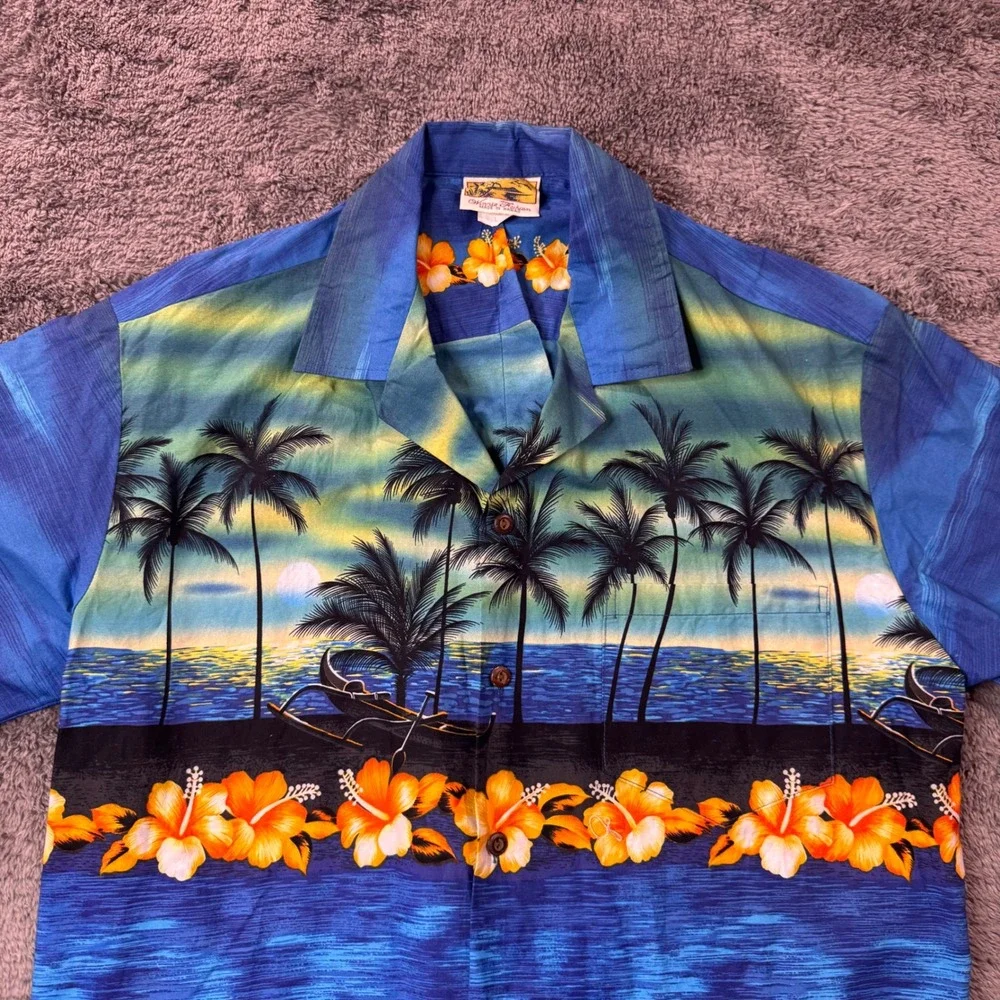 Winnie Fashion Mens L Hawaiian Shirt Blue Palm Tree Hibiscus Sunset Made Hawaii
